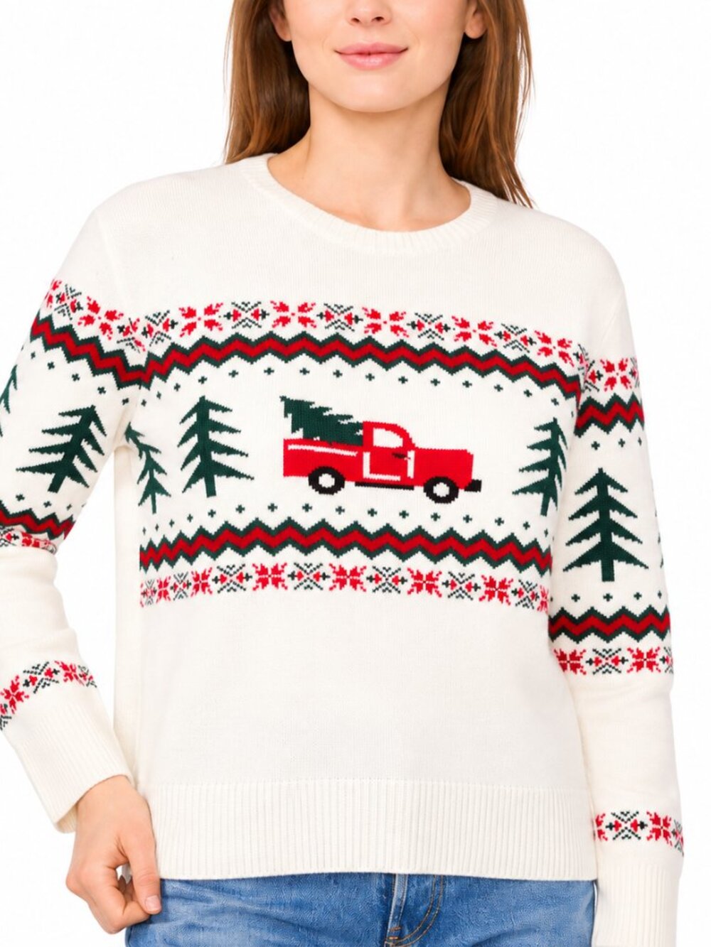 Vince Camuto Women's Holiday Sweater XXL Cream - Red Truck Fair Isle